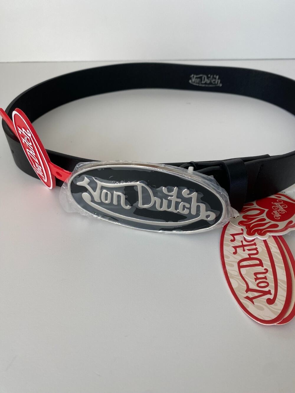NWT Von Dutch Belt M Black Leather Big Oval Buckle Enamel Logo Vintage Y2K Retro